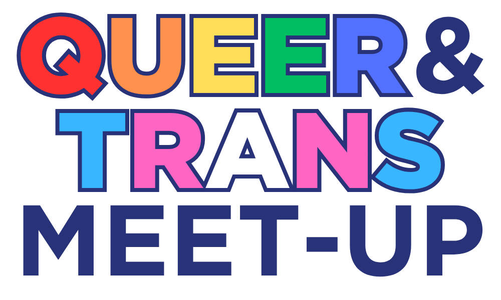 Q&T meet-up logo in rainbow and trans flag colors